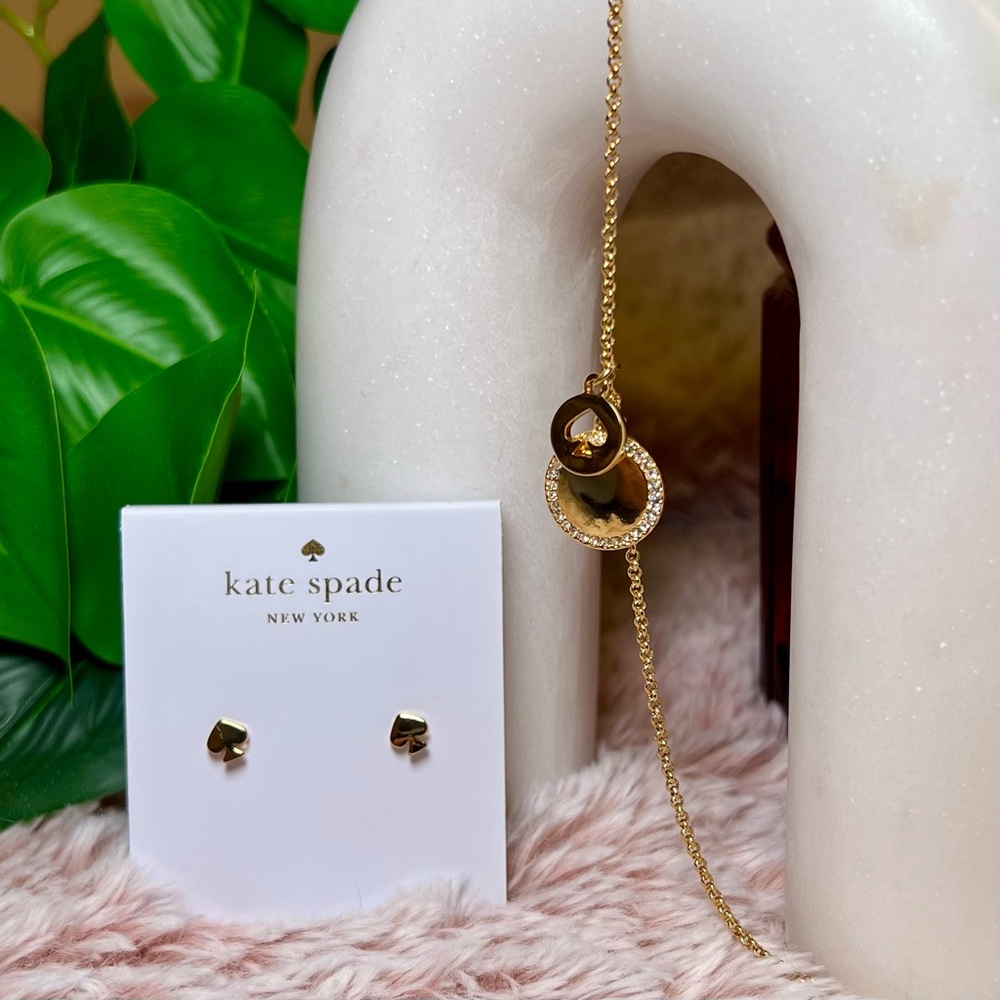 KATE SPADE SET - SPOT THE SPADE NECKLACE & SIGNATURE SPADE STUD EARRINGS - GOLD
